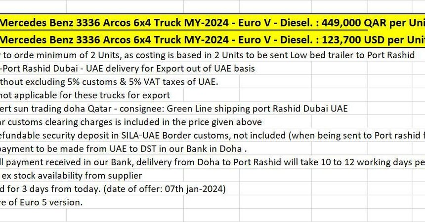 THE ABOVE IS SPEC FOR MERCEDES AROCS 3336 - 6X4 BG 11 - MY-2024, EURO V, CAB CHASSIS
